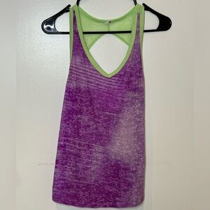 Women’s North Face Workout SizeM Purple front with Lime Green V Neck Tank Top
